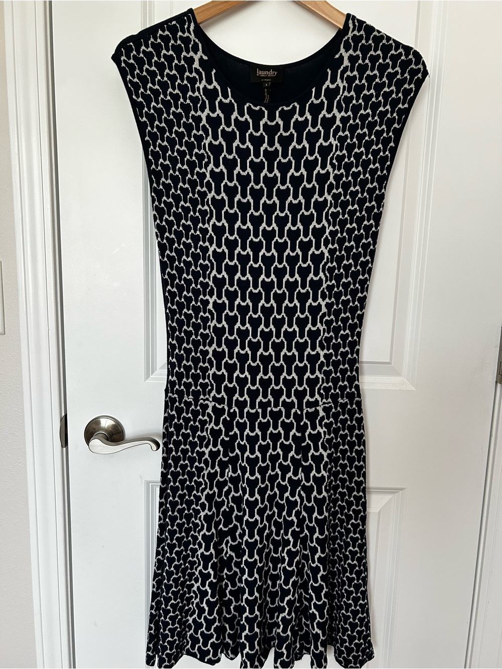 Laundry By Shelli Segal Navy and White Geometric Fit-and-Flare Dress